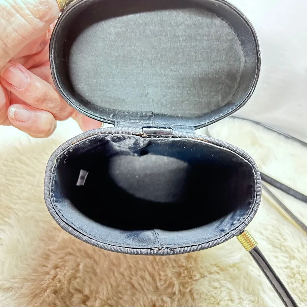 Vintage‎ Black Ribbed Cylinder Vanity Cosmetic Evening Bag Purse